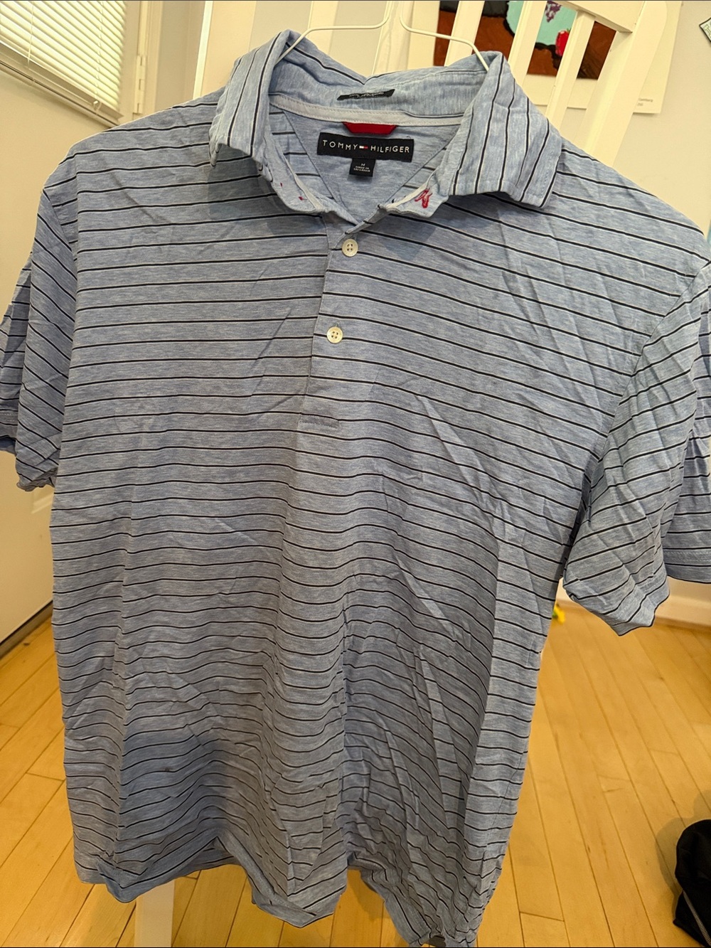 Tommy Hilfiger Men’s Light Blue Polo with Thin Navy Stripes